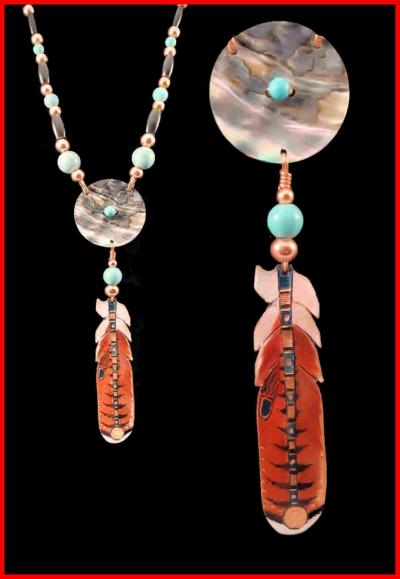 Copper Red Tail Feather With Abalone Shell